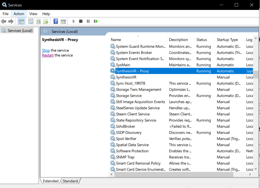 a window showing the synthesis vr proxy in the windows services manager